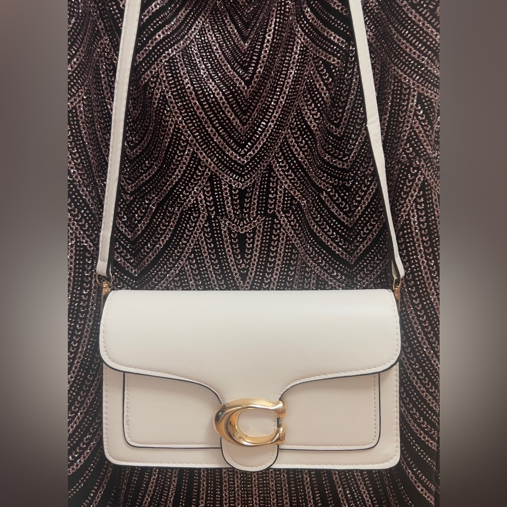 White Leather Crossbody Bag with Gold Accent, brand new